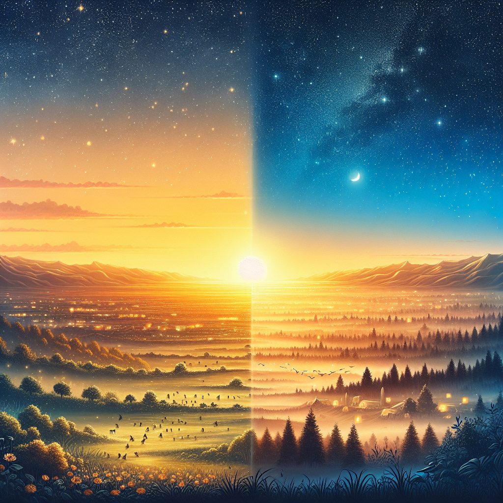 Illustration of sunset and night sky over landscape.