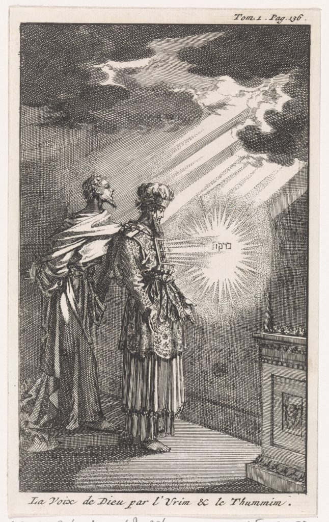 Priest illuminated by divine light, biblical scene.