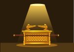Golden ark under spotlight with cherubim figures.