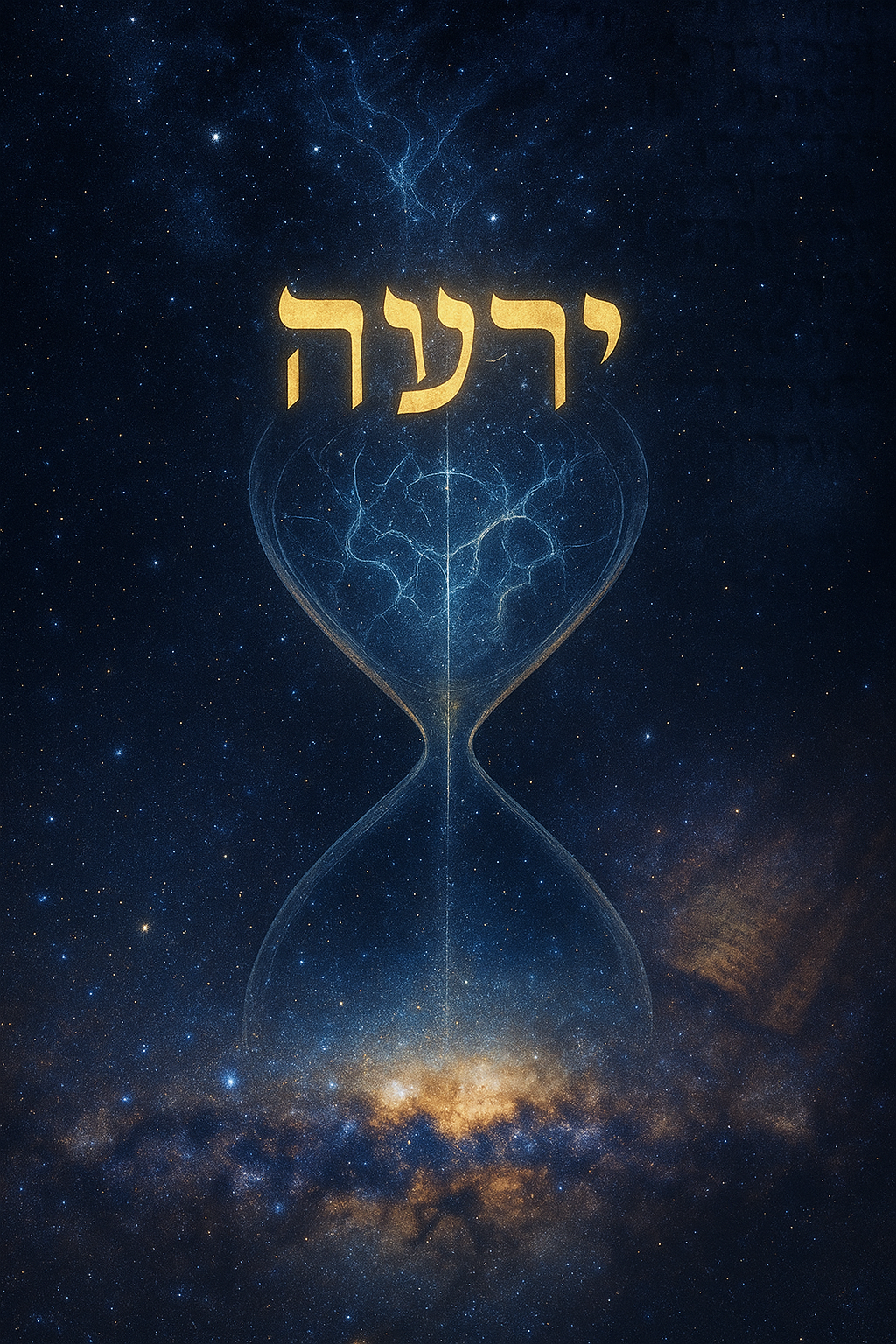 Starry hourglass with Hebrew text, cosmic background