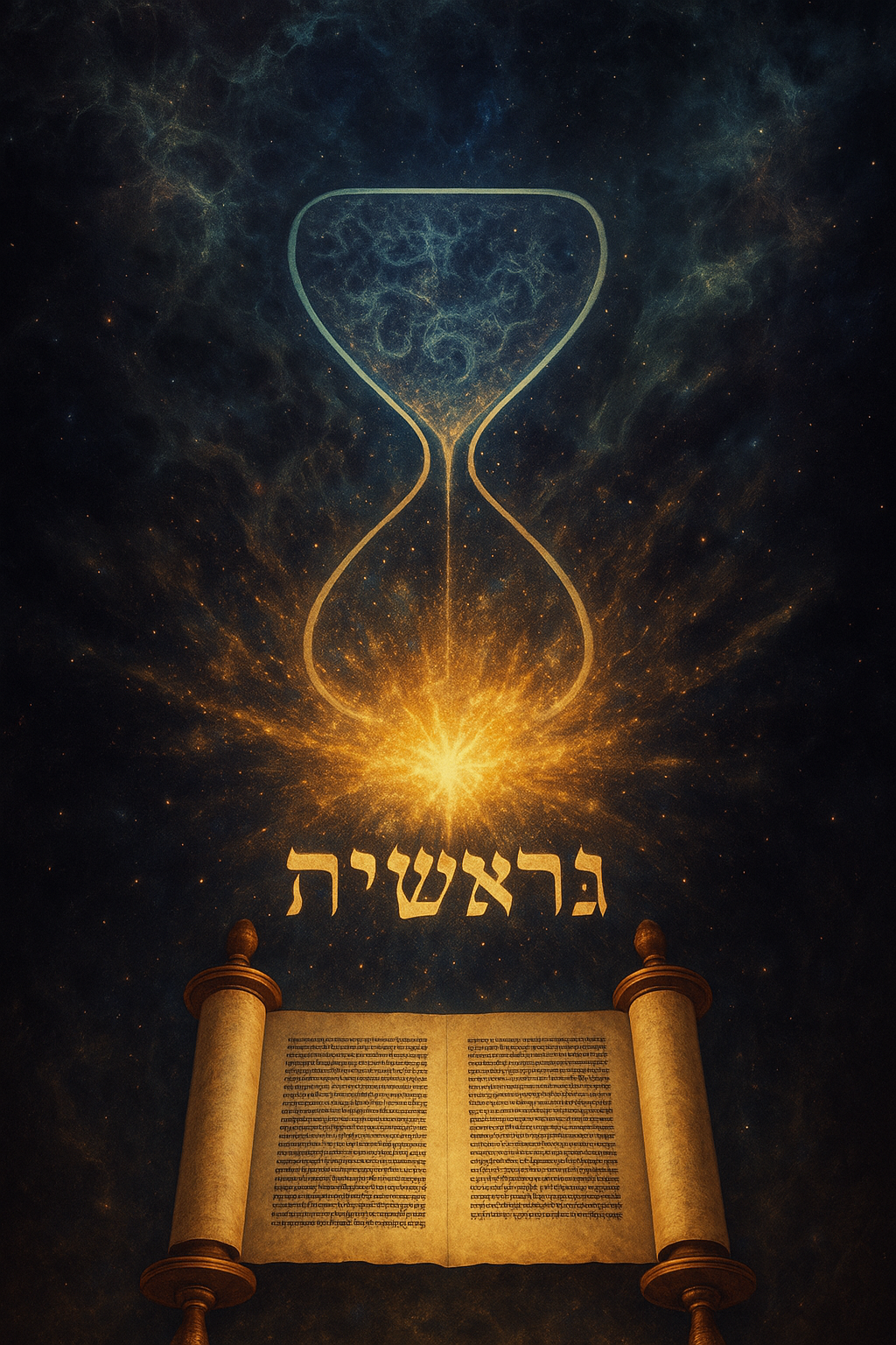 Illuminated scroll with cosmic hourglass above.