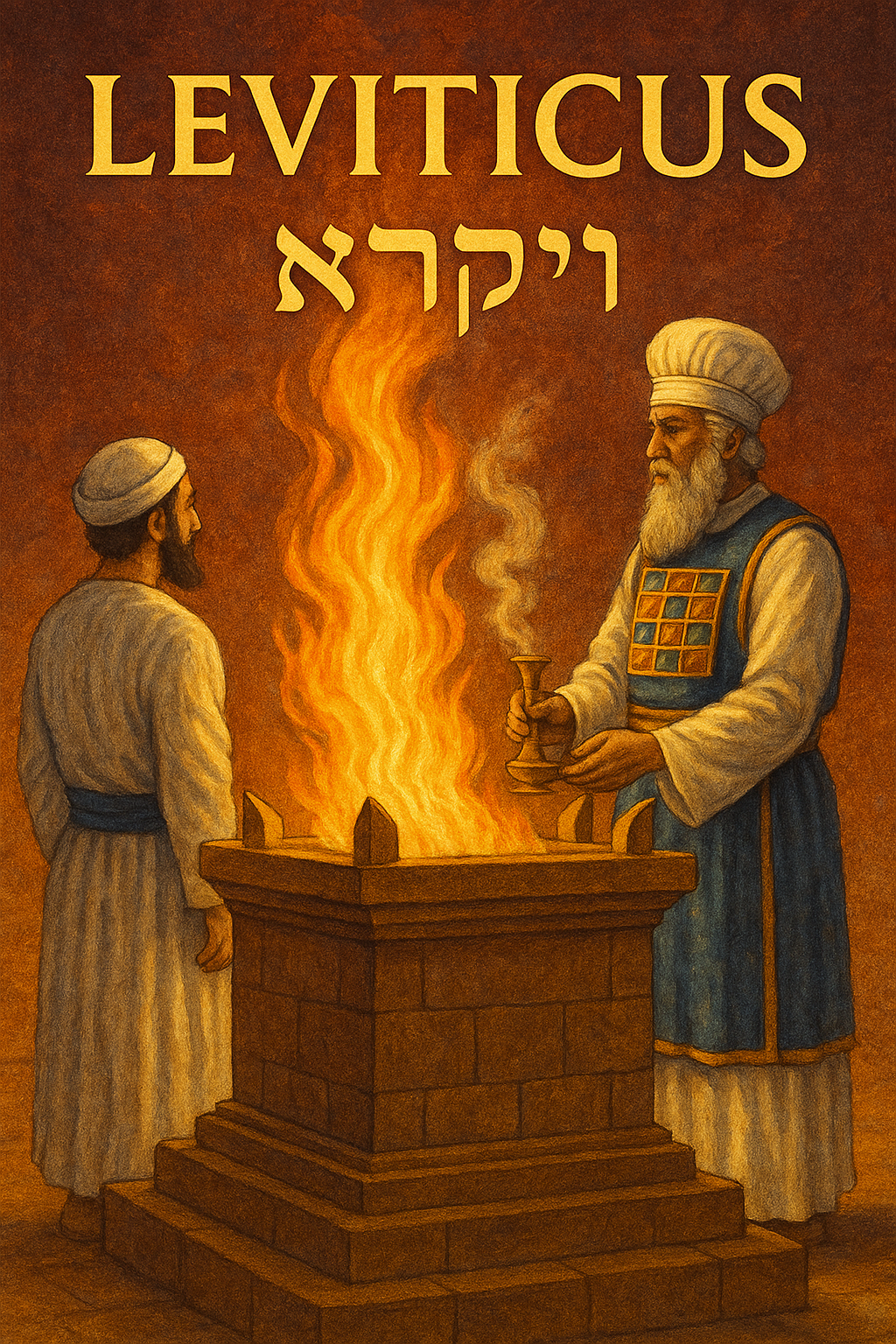 Priests performing ritual near fiery altar, Leviticus depiction.
