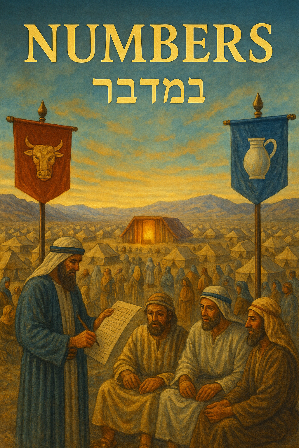 Biblical scene with men and tents, book of Numbers.