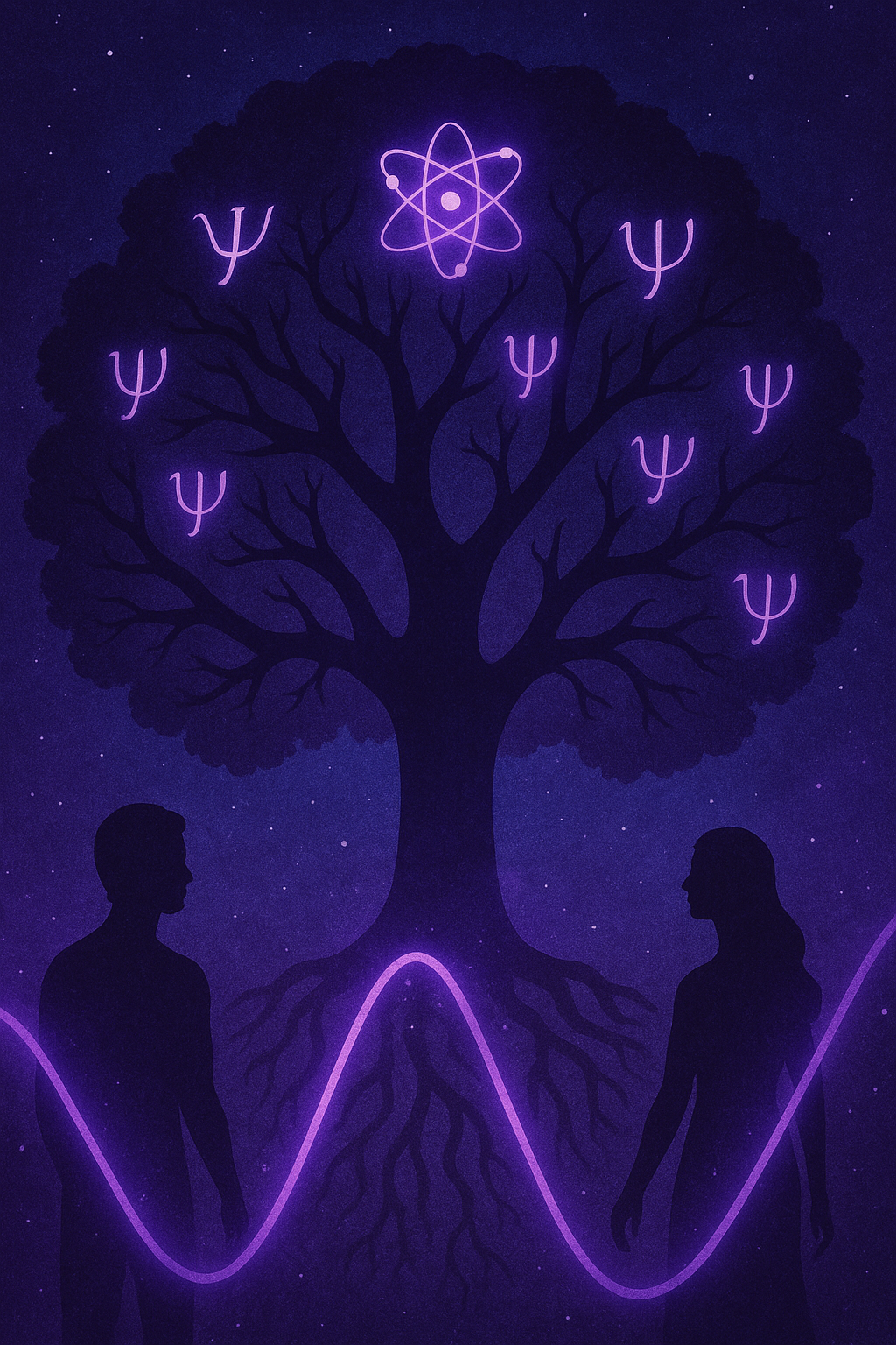 Silhouettes, quantum tree, glowing symbols, cosmic background