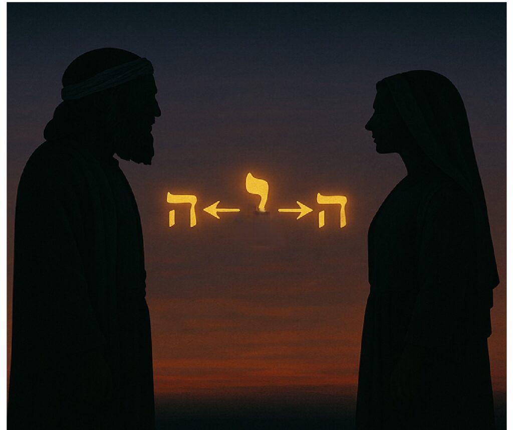 Silhouettes with glowing Hebrew letters at sunset.