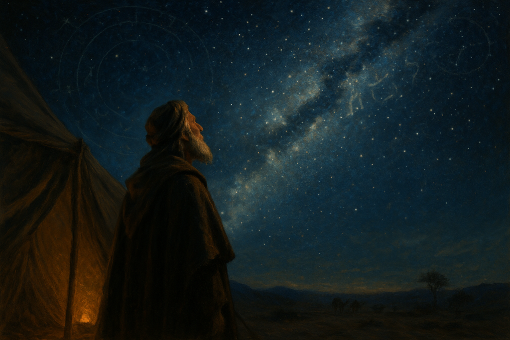 Abraham gazing at starry night sky.