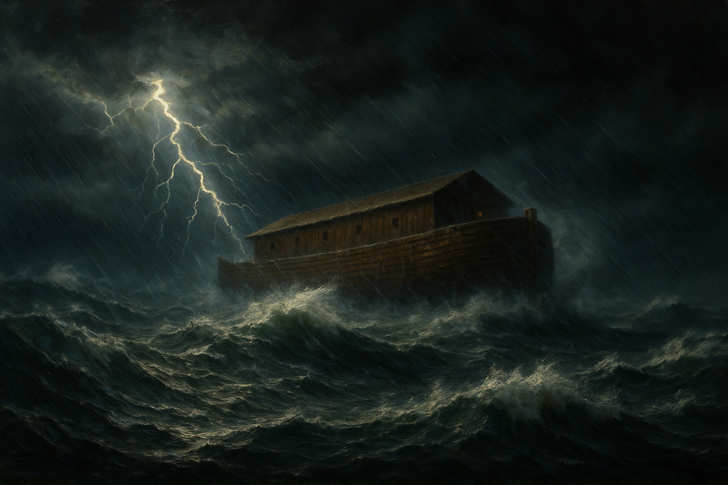 Wooden ark in stormy sea with lightning