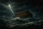 Wooden ark in stormy sea with lightning