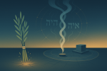 Illustration of smoke, leaves, and Hebrew script.