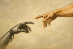 Robot and human hands reaching towards each other.
