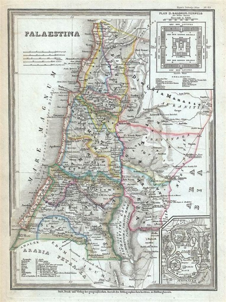 Antique map of ancient Palestine region.