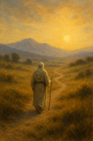 Abraham walking through a sunlit desert, representing the call of Lekh Lekha and the journey toward the divine self.
