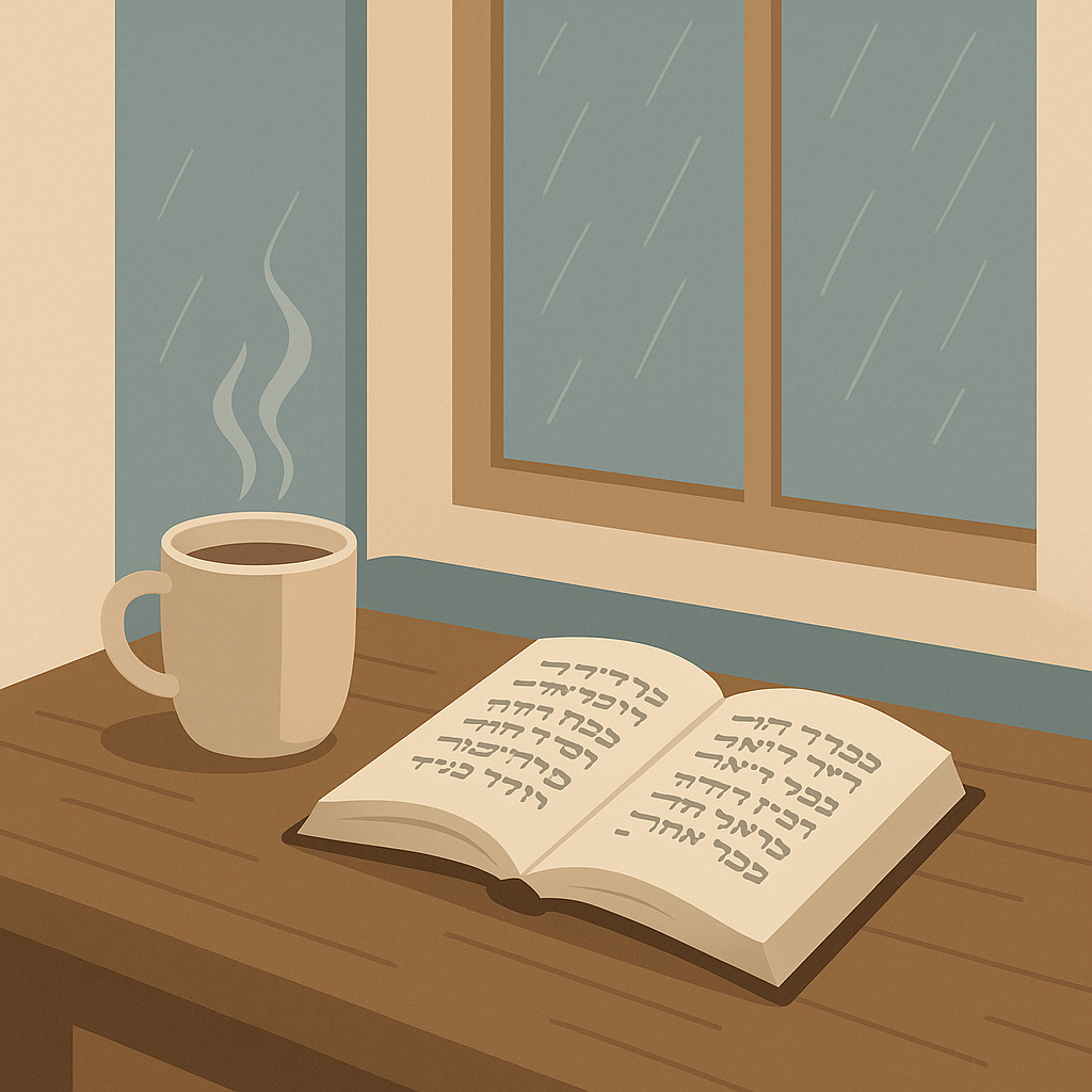 Book and coffee on a rainy windowsill