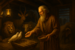 A man feeding animals in a dimly lit barn.
