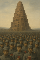 Uniformed crowd before a towering structure.