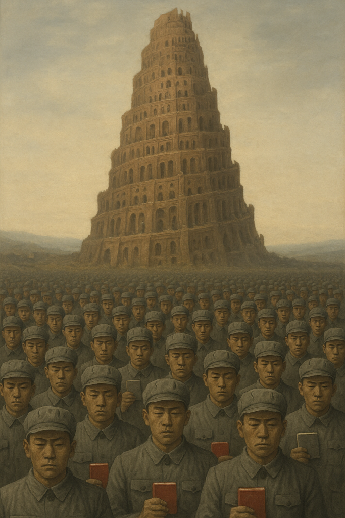 Uniformed crowd before a towering structure.