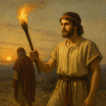 Isaac holding torch while Ishmael walks into sunset