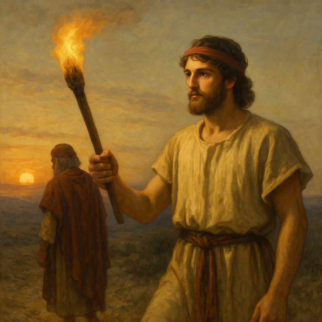 Isaac holding torch while Ishmael walks into sunset