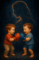 Two toddlers boxing with celestial figure background.