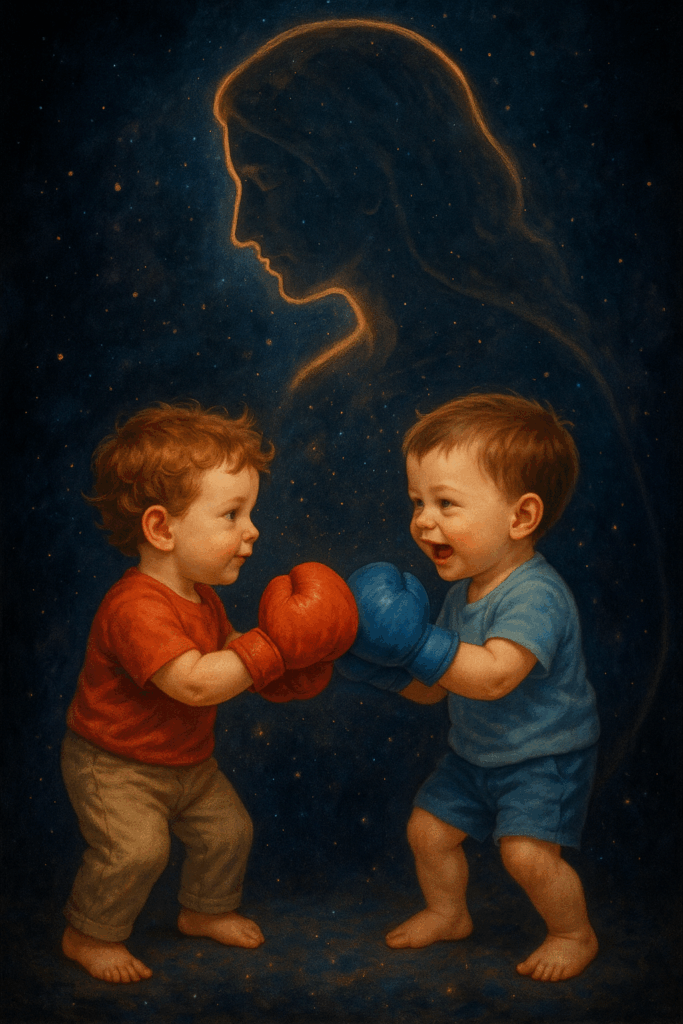 Two toddlers boxing with celestial figure background.