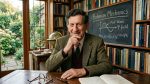 David Bohm in a study with Bohmian mechanics chalkboard