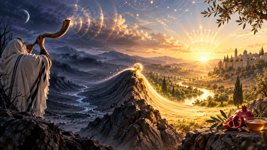 A man in a tallit blows a shofar across a dramatic landscape transitioning from darkness to golden light, symbolizing Rosh HaShanah as a phase transition from the old year to the renewed year.
