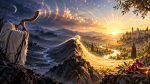 A man in a tallit blows a shofar across a dramatic landscape transitioning from darkness to golden light, symbolizing Rosh HaShanah as a phase transition from the old year to the renewed year.