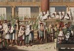 Jewish men dancing with Lulavim around the bimah