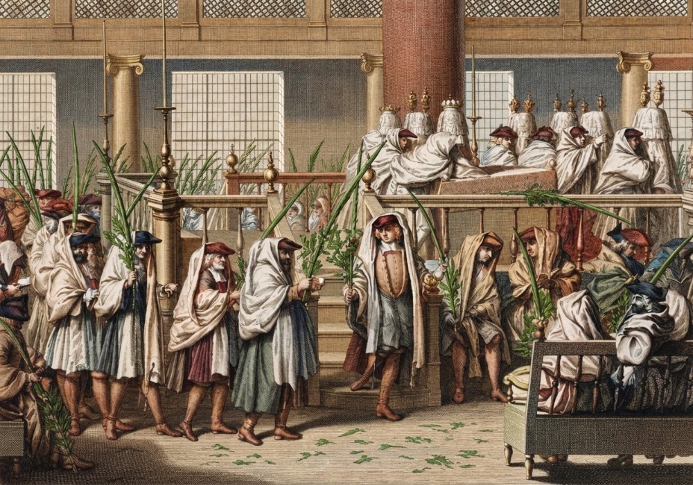 Jewish men dancing with Lulavim around the bimah